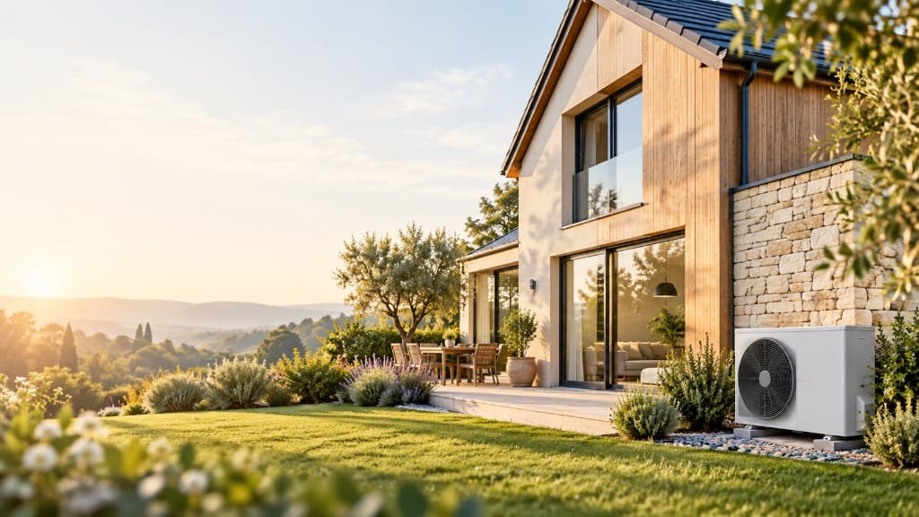 Maison écologique avec pompe à chaleur au coucher du soleil
